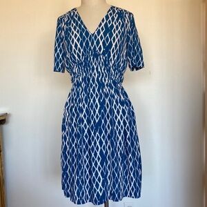 Anthropologie, HD in Paris, blue diamond print dress, ruched, 2
